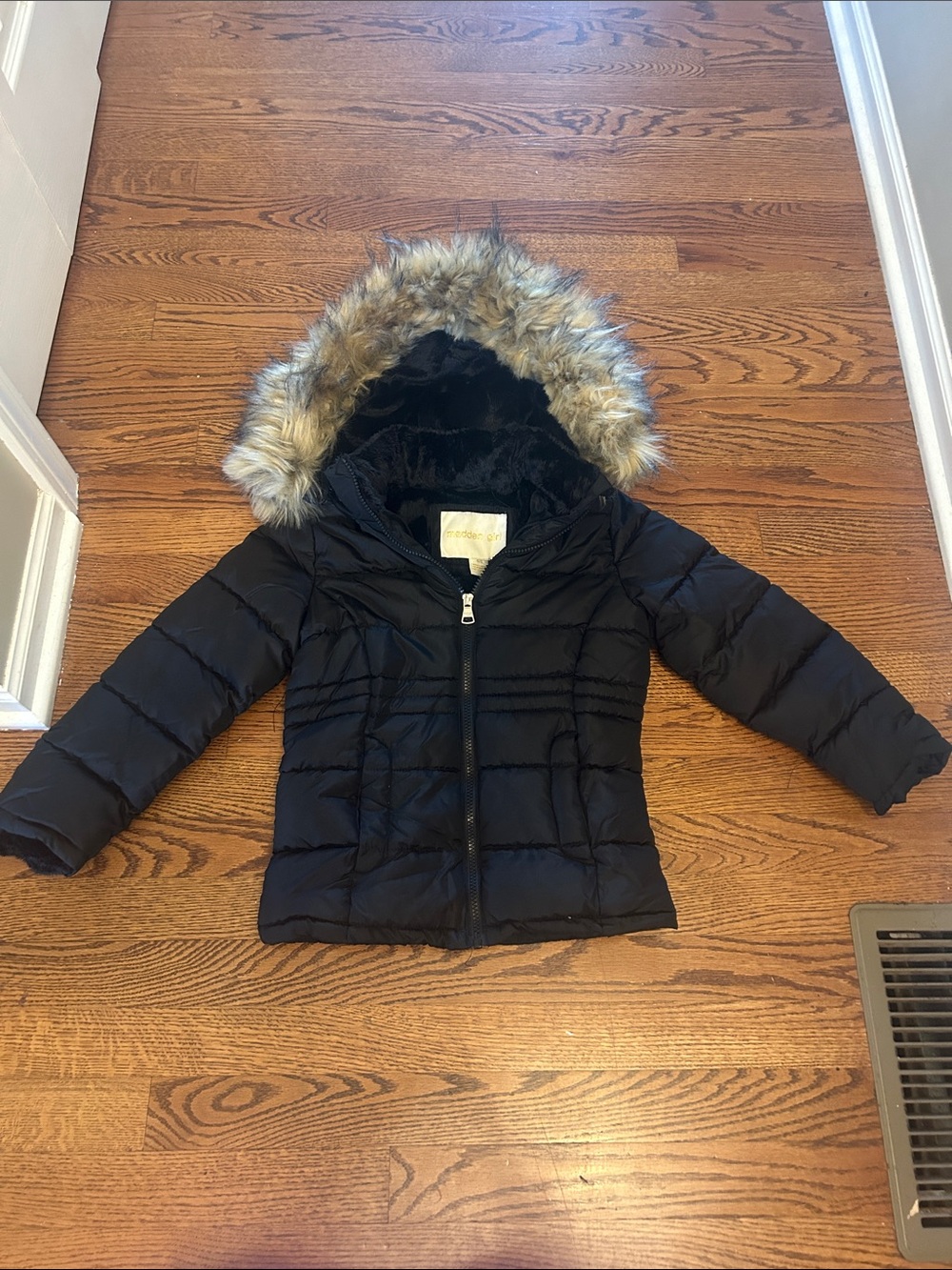 Madden Girl Black Puffer Jacket with Faux Fur-Trim Hood